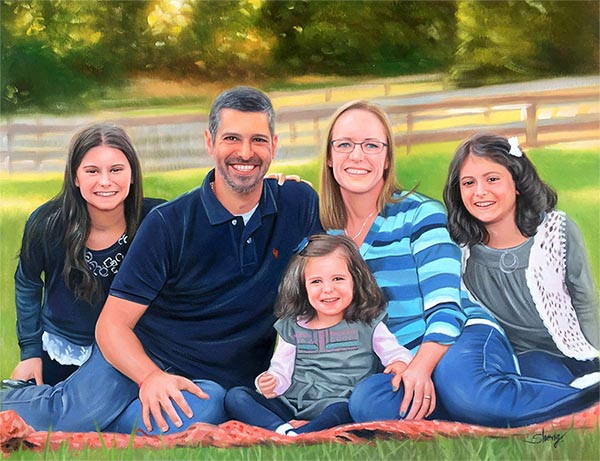 oil painting family picture with a happy man sitting on short bright-green grass with his three daughters and wife